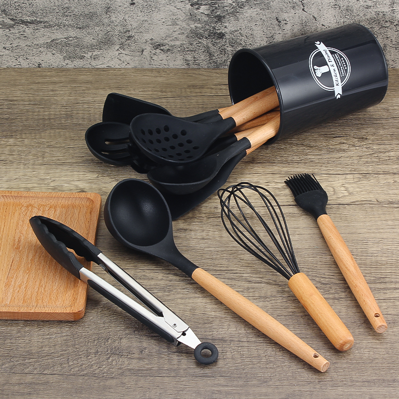 Silicone utensils set with wood handle